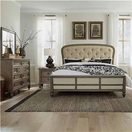 Queen Tufted Bed, 9 Drawer Dresser, Landscape Mirror, 2 Drawer Nightstand